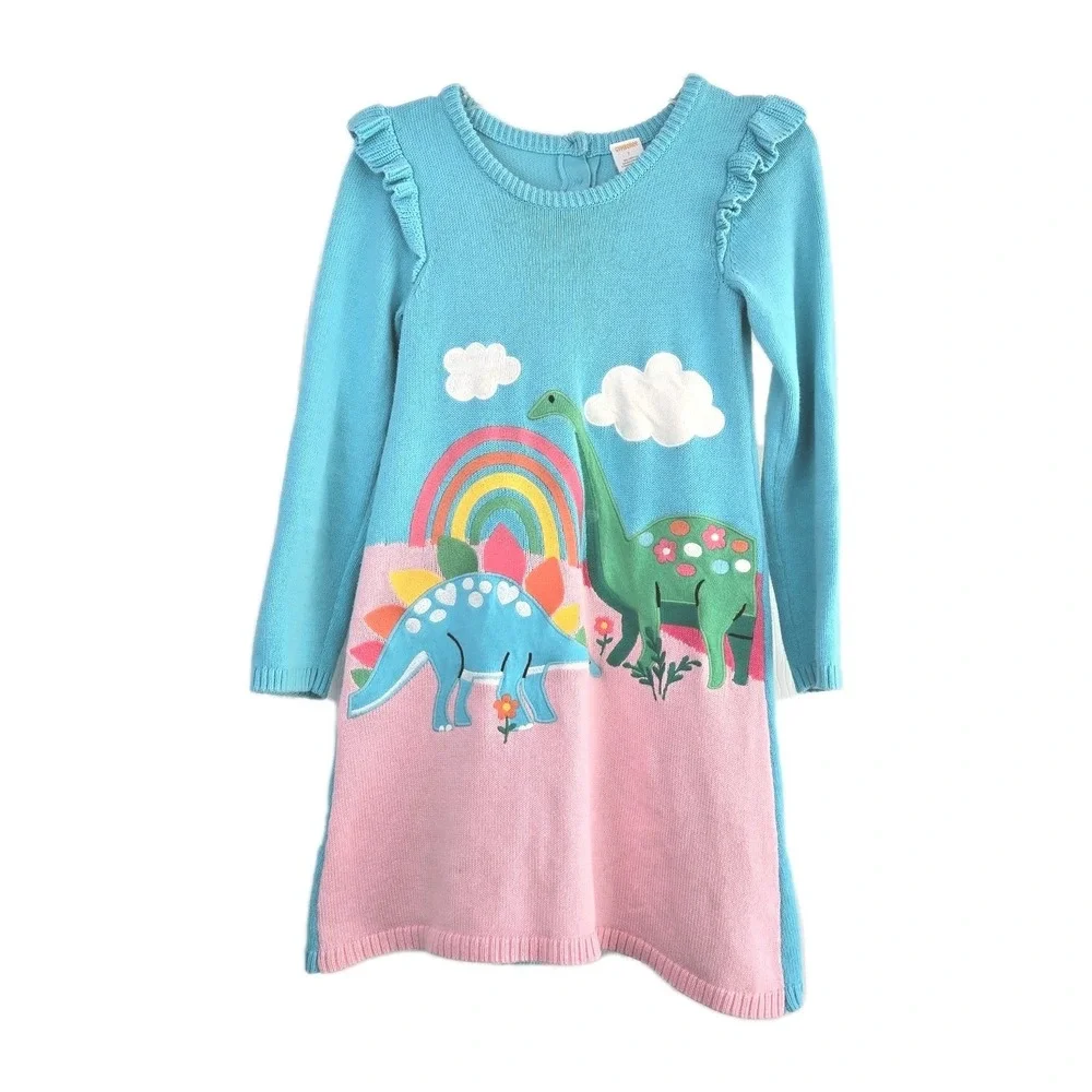 Gymboree Girls Dinosaur Long Sleeve Rainbow Blue Sweater‎ Dress Size 7 Cotton